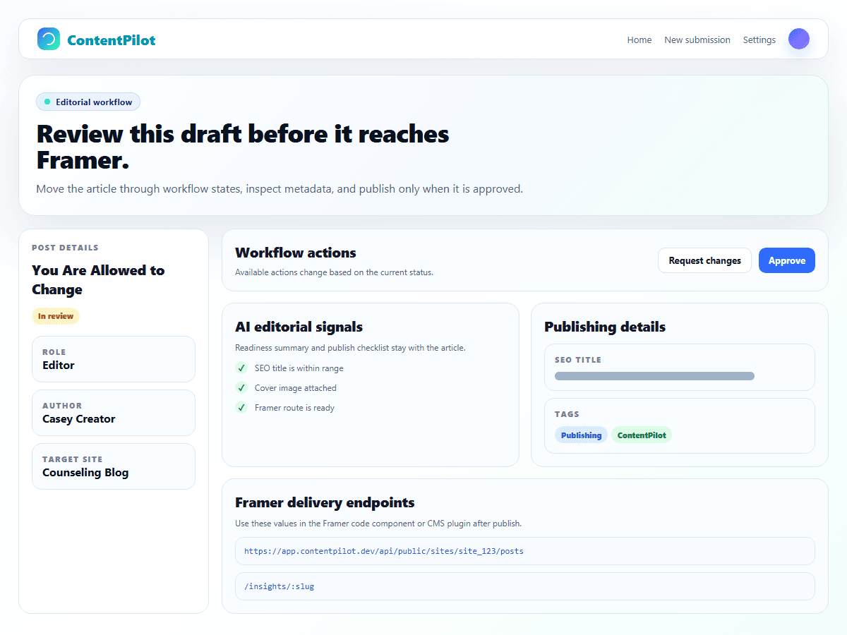 Prism Insights review page with article status, metadata, and Framer delivery settings